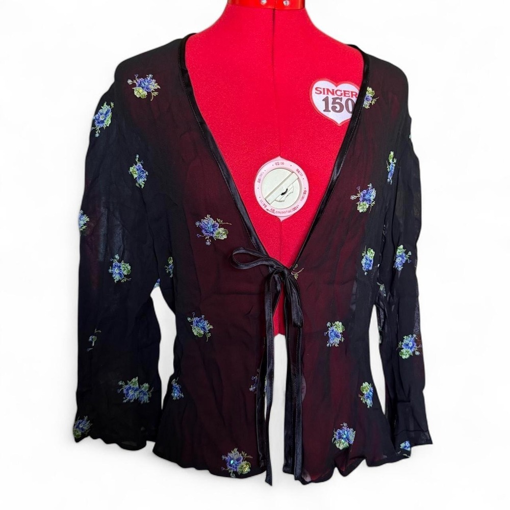 dressbarn black sheer cardigan‎ blouse with blue flowers & sequins size large